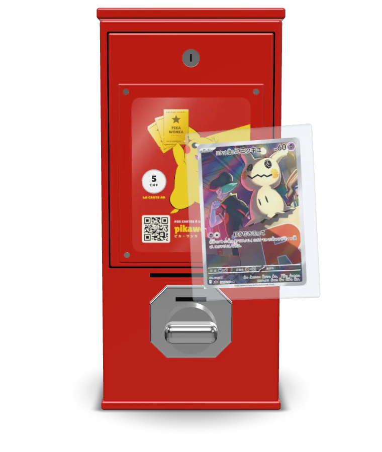 La petite machine Pika Wonka : rouge, Pikachu dans la fenêtre, monnayeur chromé
