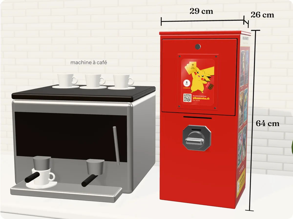 La grande machine rouge, 64 cm de haut, posée sur un comptoir à côté d'une machine à café