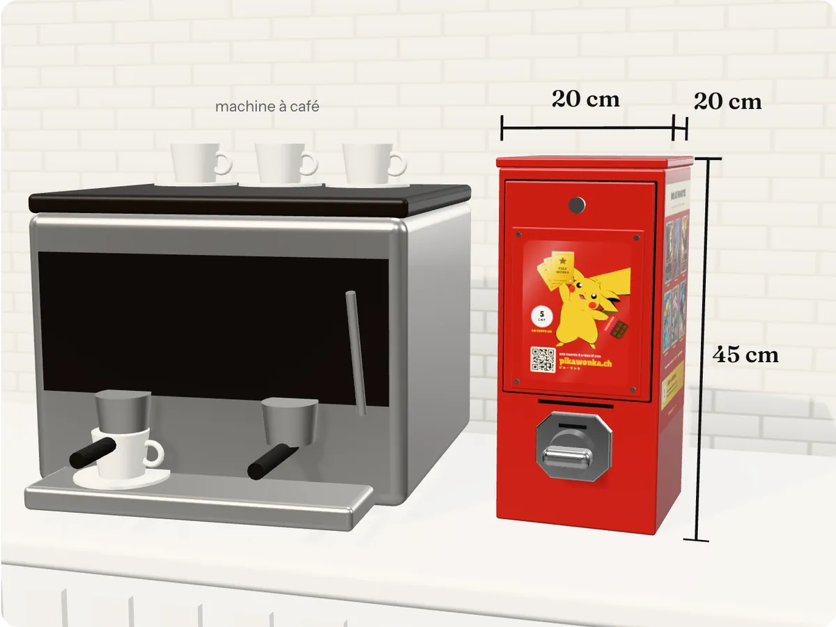 La petite machine rouge, 45 cm de haut, posée sur un comptoir à côté d'une machine à café